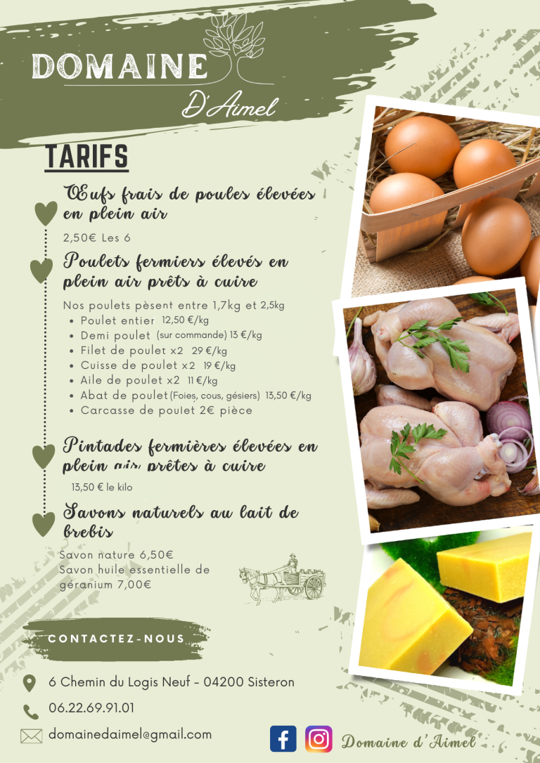 Produits frais du domaine, incluant œufs, volailles, savons avec des informations tarifaires.
